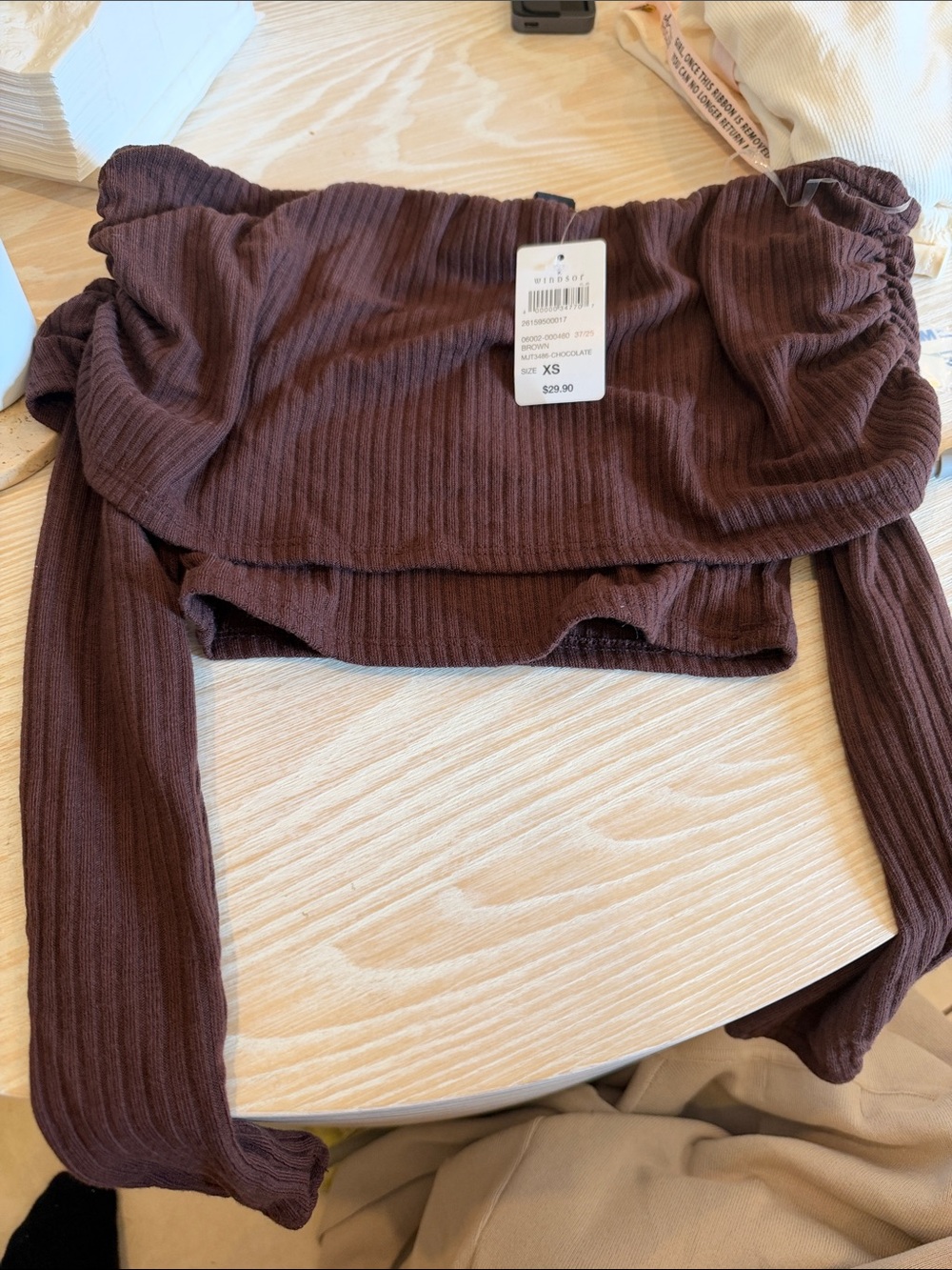 Windsor Ribbed Off-Shoulder Crop Top - Chocolate Brown